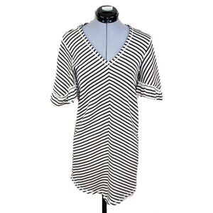 SEE BY CHLOE XS Cream Brown Striped Mini Dress Knit Flounce Sleeve Preppy Casual